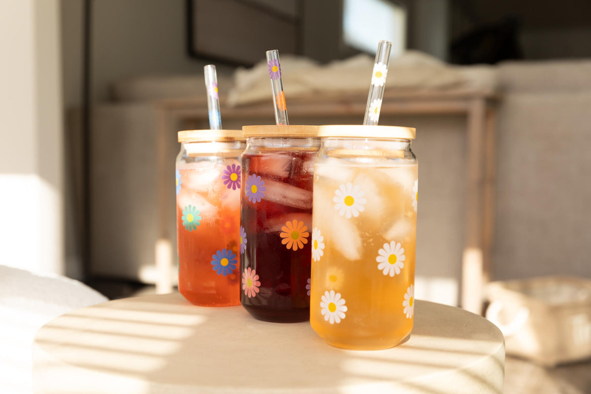 Glass Cup with Lid & Straw, Beer Can Glass, Flower Glass Cup, Ice Coffee Glass, Christmas Gift for Mom, Dishwasher Safe