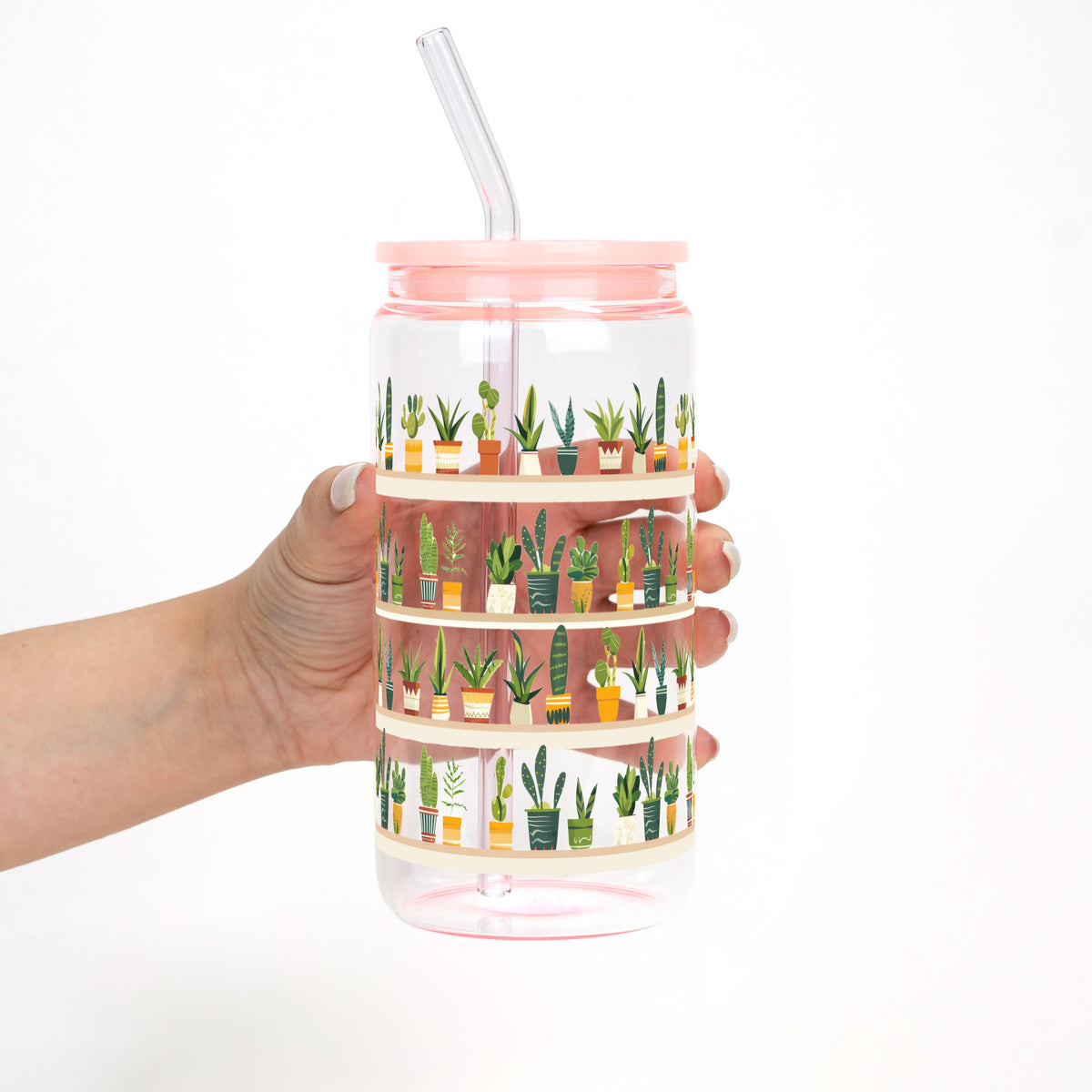 Succulent Glass Tumbler, Cactus and Houseplant Iced Coffee Glass Cup with Lid and Straw, Plant Lover Gift