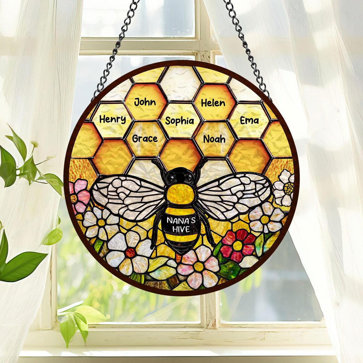 Custom Grandma's Garden Bee, Personalized Stained Glass Window Hanging Suncatcher, Custom Kids Name, Mother's Day Gift, Nana s Blessings
