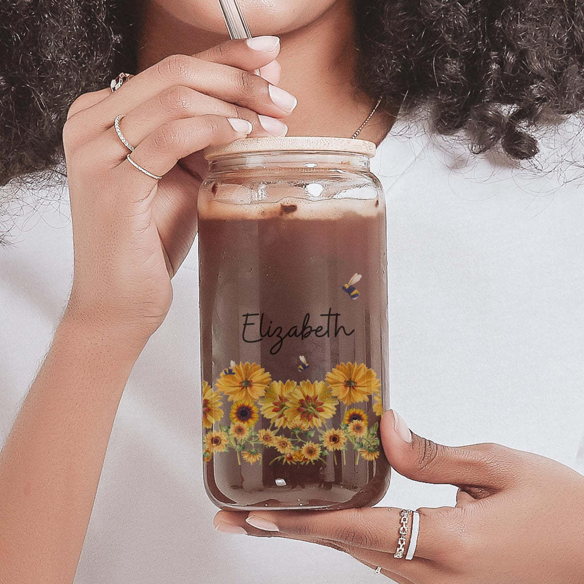 Personalized Sunflower & Bees Floral Iced Coffee Cup, Wildflower Tumbler, Gift For Her