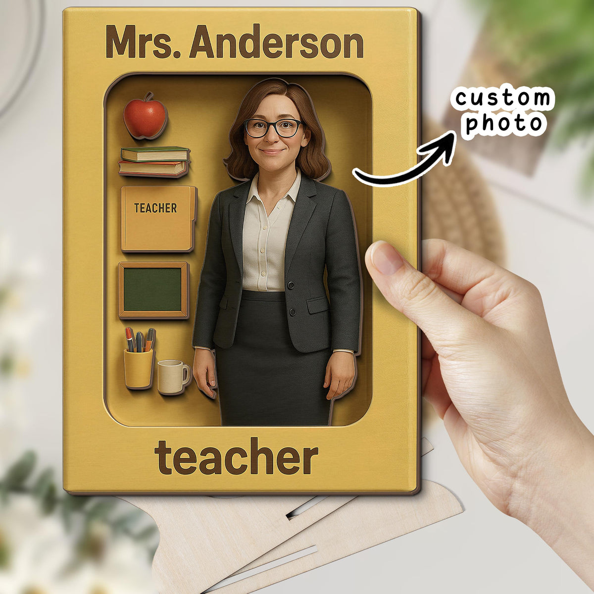 Personalized Teacher Wooden Sign, 3D Effect Action Figure Style, Custom Cartoon Photo Gift for Teacher Appreciation