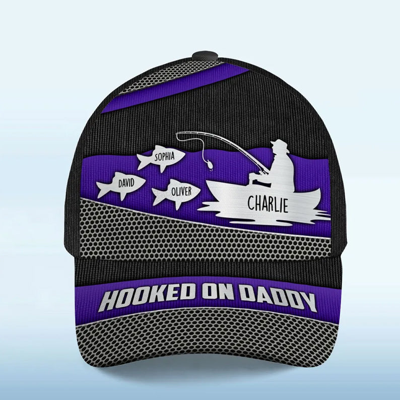 Hooked On Fishing Papa Dad Metal Printed Personalized Classic Cap