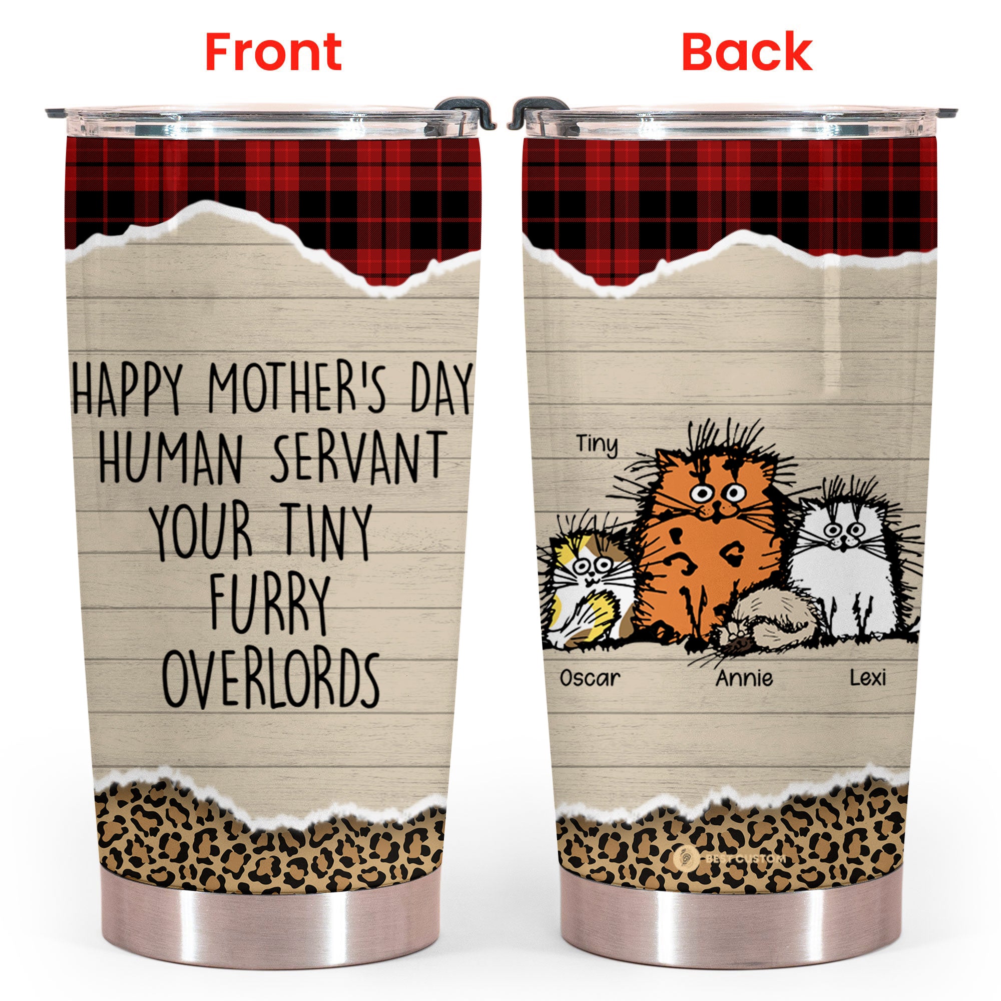 Fluffy Cat Happy Mother's Day Human Servant Your Tiny Furry OverLords - Personalized Tumbler - Cat Mom