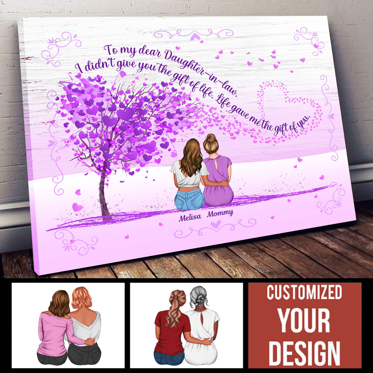 Mother And Daughter In Law Watercolor Tree - Personalized Canvas - Gift for Mother-in-law