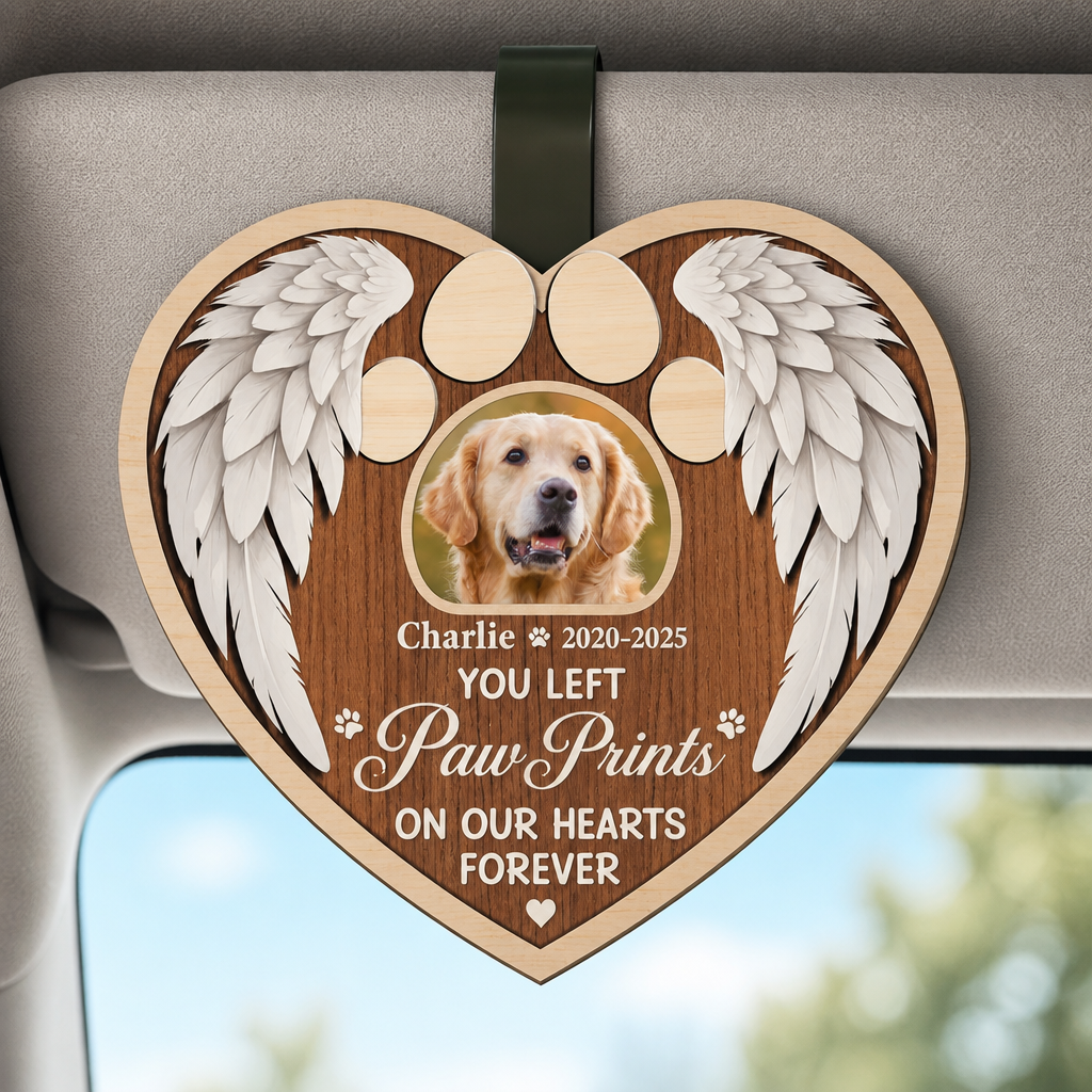 Pet Memorial Car Visor Clip – Photo + Name – You Left Paw Prints - Personalized Wooden Car Visor Clip 2 Layer 00362620-013f-441f-bd14-fbf8043bd648.png