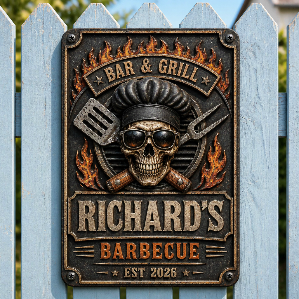 Personalized Bar & Grill Metal Sign – Skull Chef BBQ with Custom Name & Est. Year - Personalized Metal Sign 00b8158f-a193-4cf7-947e-e3cacfdadff5.png