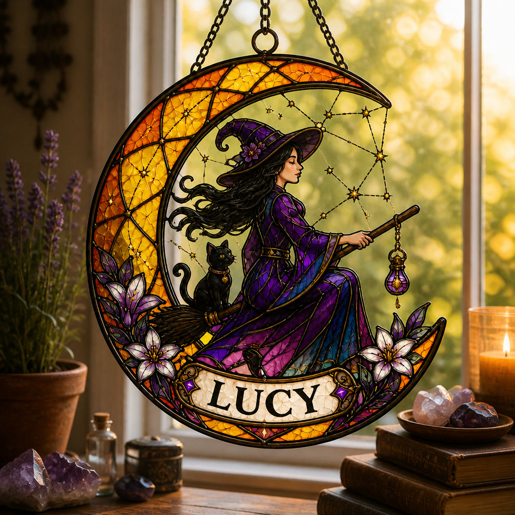 Personalized Witch & Cat Stained-Glass Suncatcher - Crescent Moon Name Plaque - Personalized Suncatcher Stained Glass 00c92647-74be-4693-b595-1c6e80e95d2a.jpg