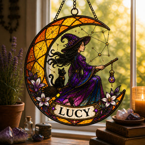 Personalized Witch & Cat Stained-Glass Suncatcher - Crescent Moon Name Plaque - Personalized Suncatcher Stained Glass 00c92647-74be-4693-b595-1c6e80e95d2a.jpg