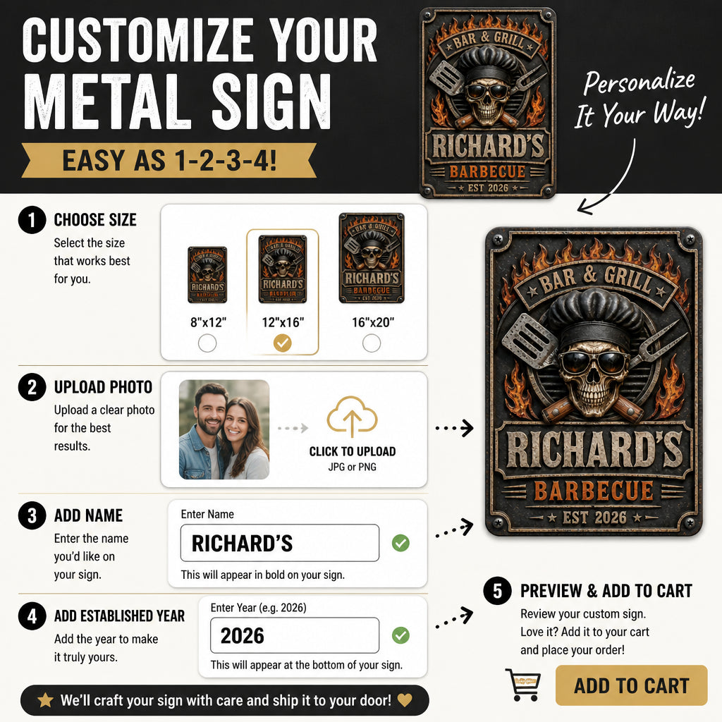 Personalized Bar & Grill Metal Sign – Skull Chef BBQ with Custom Name & Est. Year - Personalized Metal Sign 011442d5-2b46-4312-83c8-dcfbef36e3a7.jpg