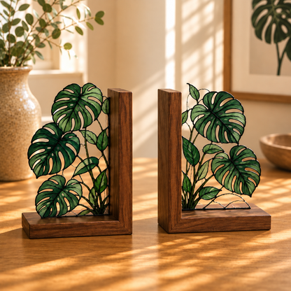 Monstera Stained Glass Bookends, Walnut Wood Botanical Book Decor, Tropical Plant Bookshelf Accent, Book Lover Gift, Housewarming Gift 0145c312-34f5-40f6-9f9e-eb195e922cb1-Monstera-Bookends-on-Warm-Oak-Table-5.png