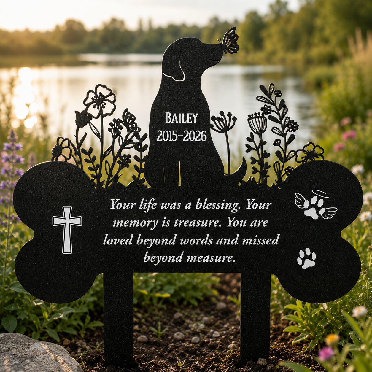 Dog Memorial Grave Stakes - Custom Metal Black Flowers Loss Pets Cemetery Markers Decorations for Humans Butterfly Lover Plaques Decor for Outdoor Yard Sympathy Garden Remembrance Signs