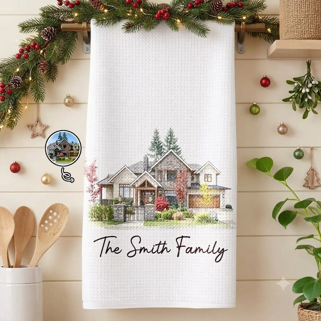 Custom Photo Colored Pencil Sketch Our First Home Family Parents - Personalized Kitchen Towel