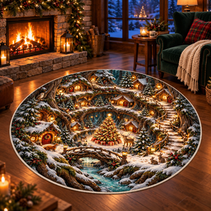 Christmas Cathedral Village 3D Illusion Round Rug, Snowy Church Square Floor Mat, Winter Wonderland Area Carpet, Festive Holiday Home Decor 019617b8-6ef6-4b4a-8142-705934b7782d-Enchanted-Christmas-Rug-in-Cabin-Lounge-1.png