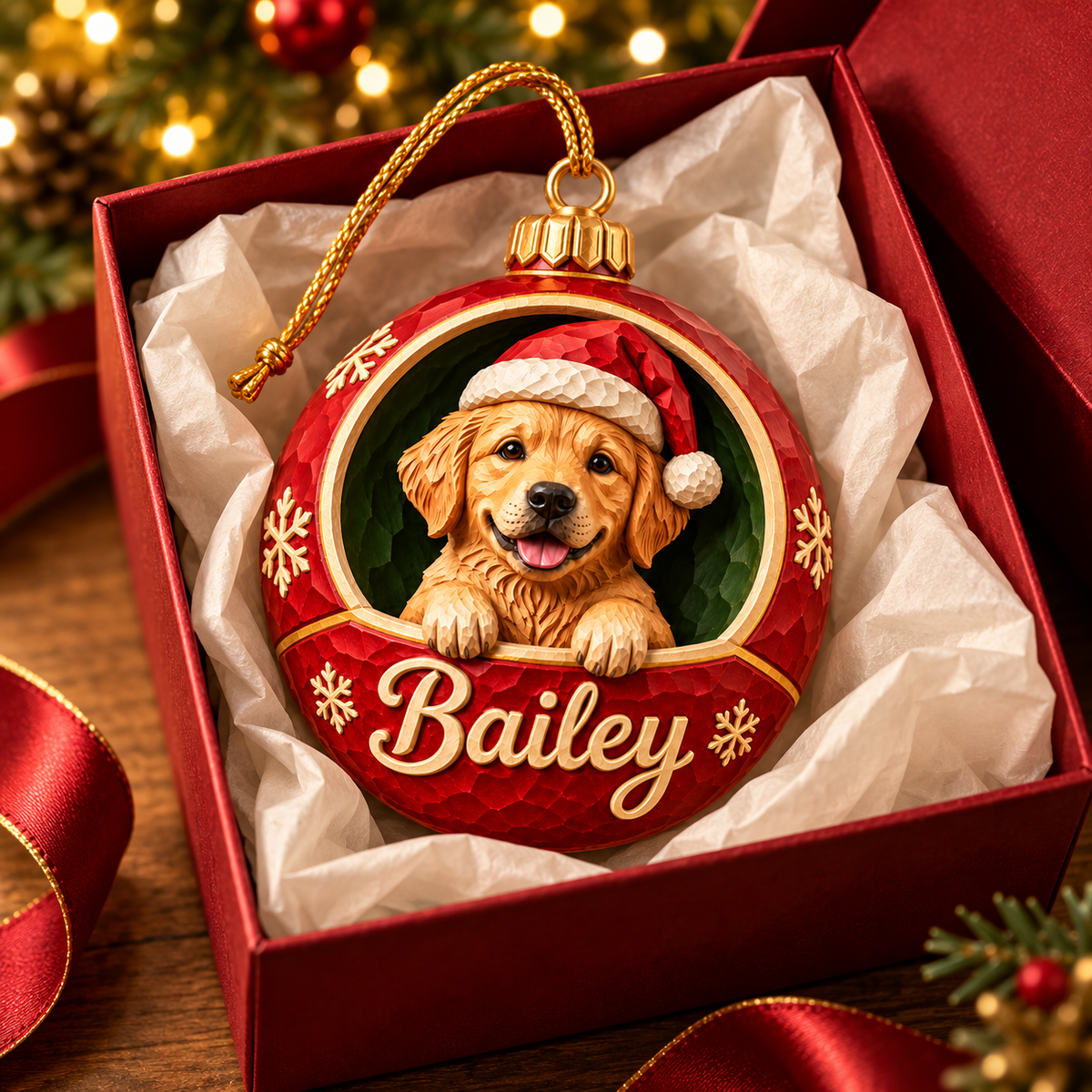 Personalized Dog Christmas Ornament – Custom Pet Photo & Name, 3D Relief Christmas Bauble Ornament, Christmas Gift for Dog Lovers 01adf3d9-e0a5-4904-833f-7ba1c81c05ef-Bailey-s-golden-retriever-ornament-in-gift-box-1.png