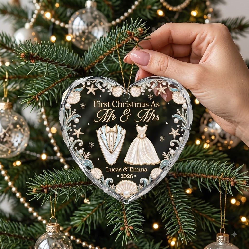 First Christmas As Mr And Mrs Ocean Pearl Crystal Heart Ornament - Personalized Wedding Gifts for Couples