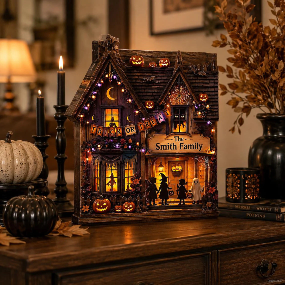 Personalized Halloween Wooden Block, Lighted Haunted House Family Name Decor, Trick or Treat Pumpkin Shelf Decor, Spooky Fall Gift 01c246d5-19be-44d4-a014-f858d937b4c7-2.webp