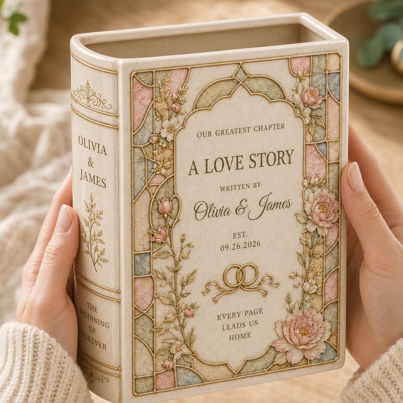 Personalized Ceramic Book Vase, Custom Couple Names and Wedding Date, Floral Stained Glass Style Anniversary Home Decor, Gift For Wedding 0218249b-87a3-4add-83bd-b99ec342025e-n5.jpg