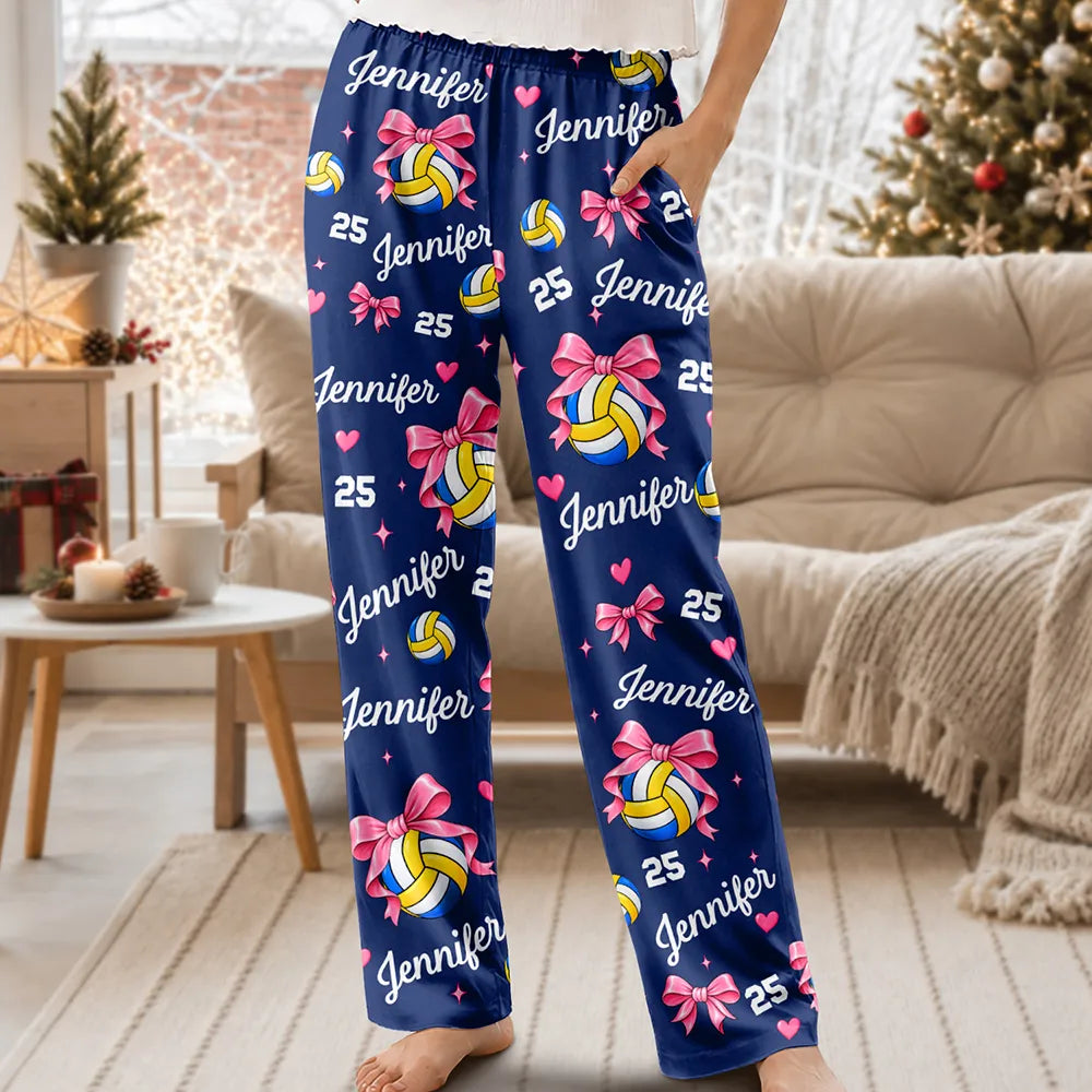 Gift For Volleyball Player Volleyball Team - Personalized Custom Name Number Coquette Bow Pajama Pants 0299f1e0-24cc-4a46-83a4-0f5661ec60dc-GiftForVolleyballPlayerVolleyballTeam-PersonalizedCustomNameNumberCoquetteBowPajamaPants-MK1.jpeg