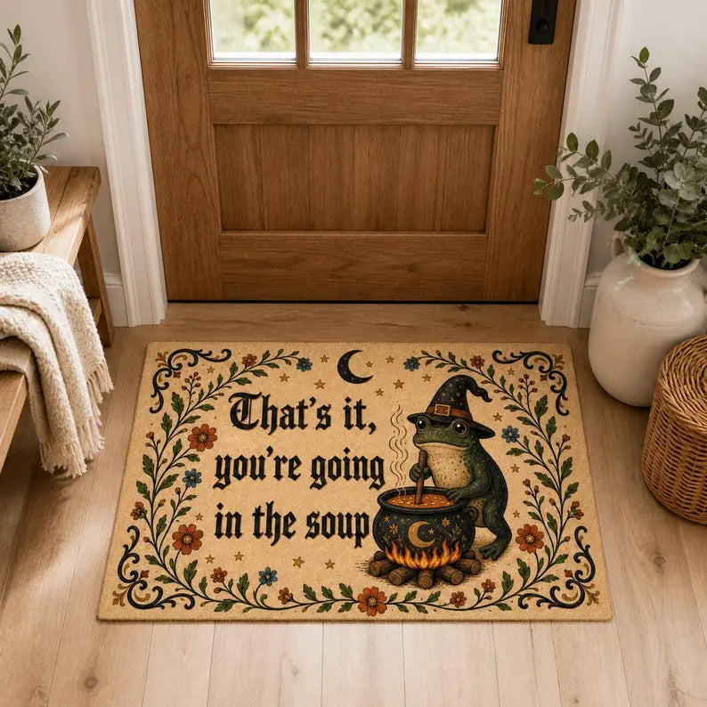 Printed Halloween Fabric Doormat with Witch Frog, Cauldron and Soup Meme Quote 02d9a94a-28cc-474c-b3e1-3861438ee10a-fgdf-fg-1-.webp