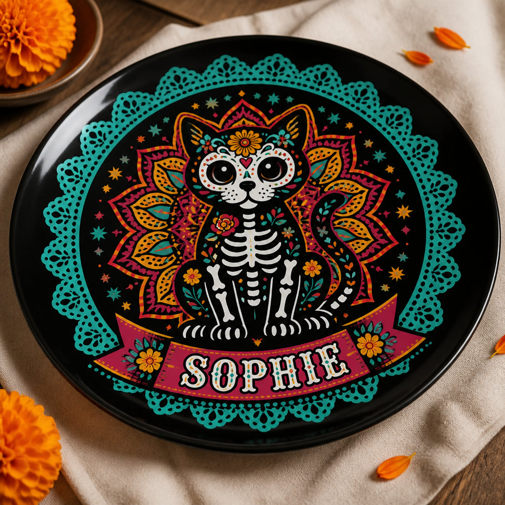 Sugar Skull Cat Name Ceramic Plate - Personalized Personalized Ceramic Plate 0306bdfa-c198-4840-a019-a084c908985d.jpg
