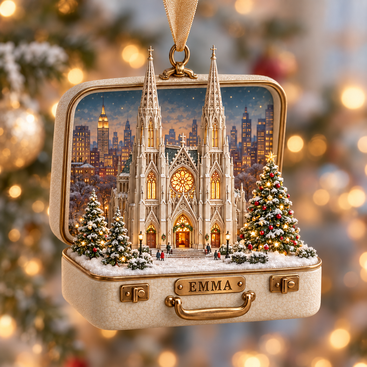 Personalized New York City Suitcase Christmas Ornament – 3D St. Patrick’s Cathedral Scene with Custom Text