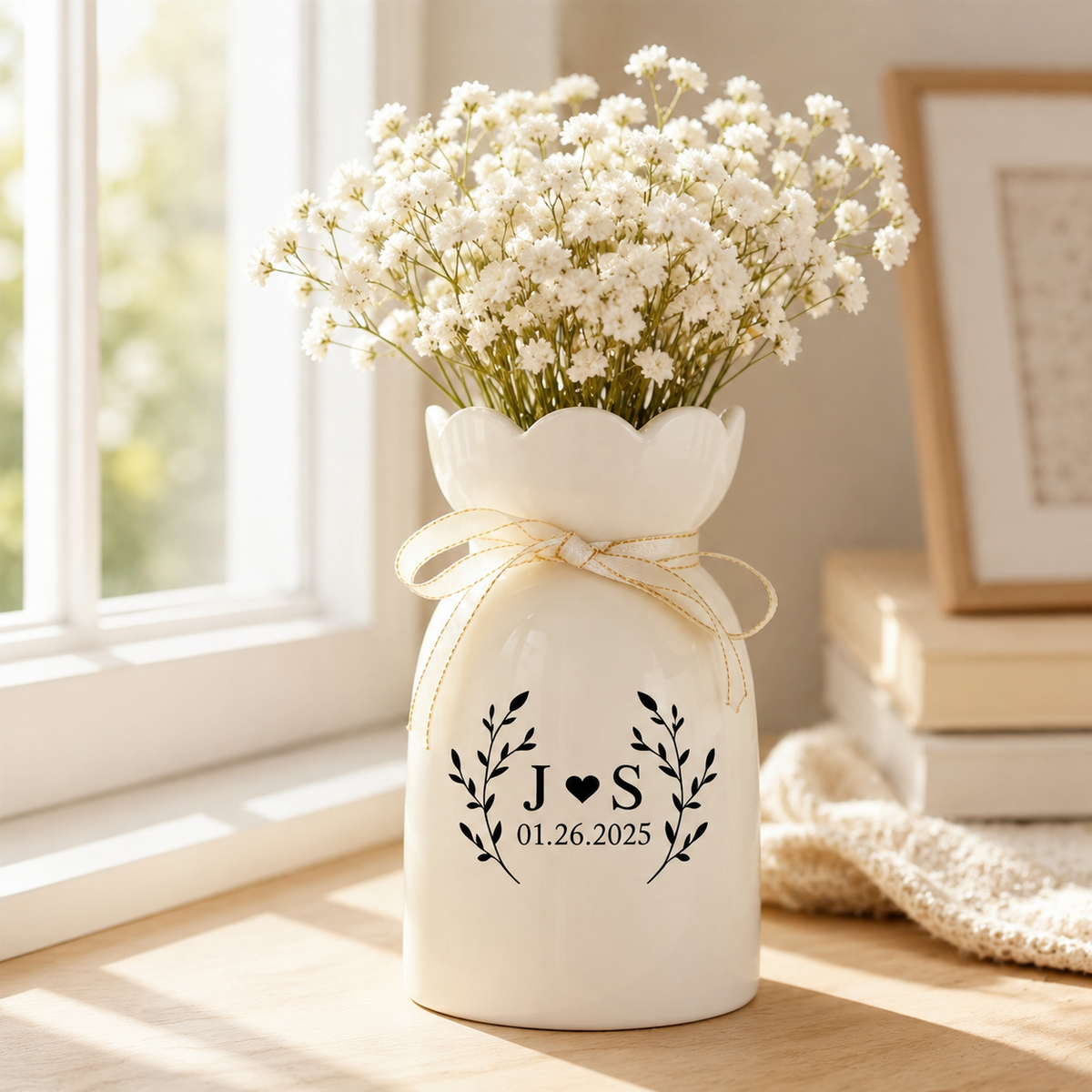 Custom Wedding Flower Vase, Engaged Vase with Date, Engaged Gift for Her, Memorial Gift for Newlyweds, Wedding Anniversary Gift for Couple