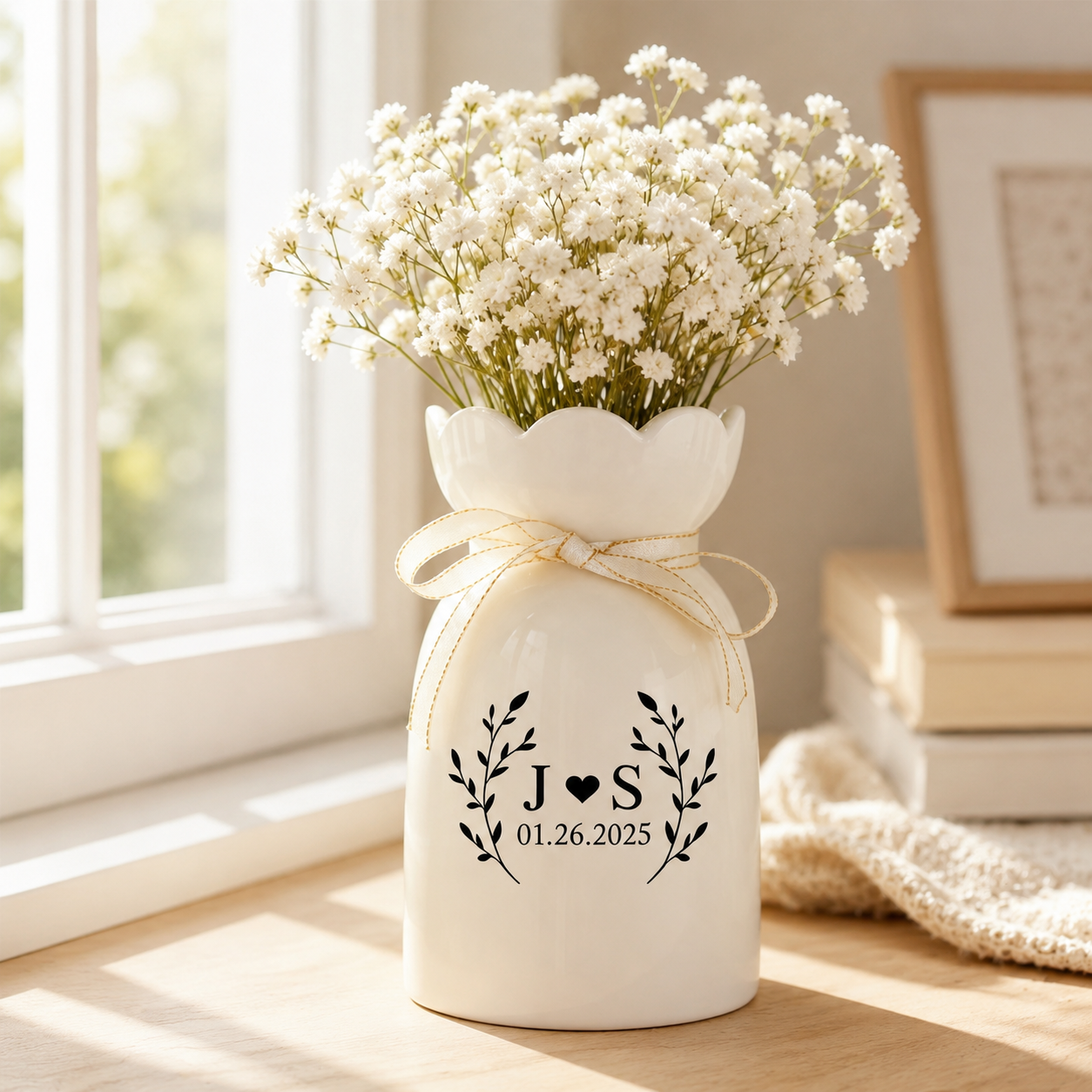 Custom Wedding Flower Vase, Engaged Vase with Date, Engaged Gift for Her, Memorial Gift for Newlyweds, Wedding Anniversary Gift for Couple