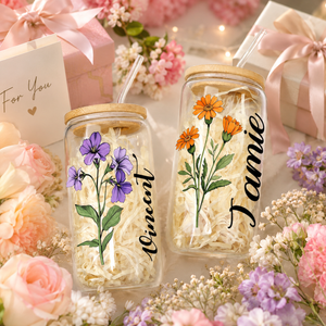 Custom Coffee Cup, Personalized Birthday Flower Glass, Glass With Straw, Birth Flower Tumbler, Bridesmaid Gift, Birthday Gift, Party Favor