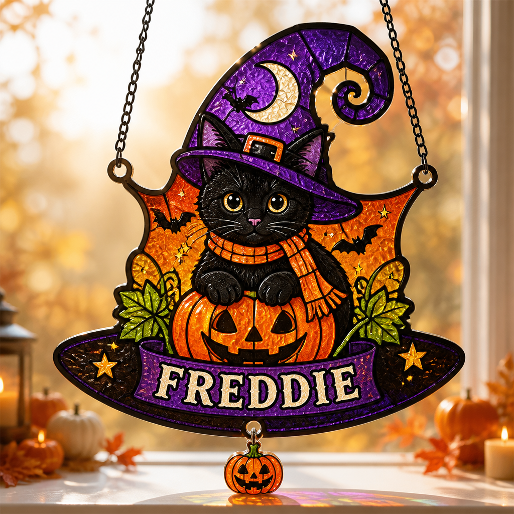 Personalized Halloween Witch-Hat Cat Doormat (Custom Shape) - Personalized 1 Layered Suncatcher with Charm 03fe72d9-9de3-4582-a199-b6e74eb7a41b.png