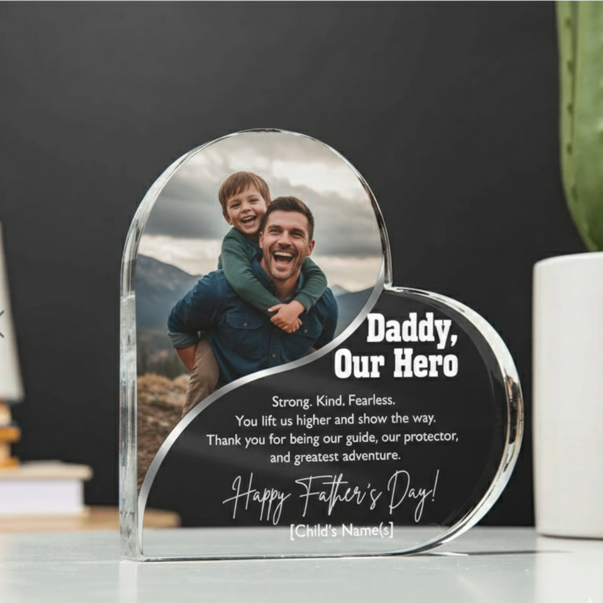 Daddy Our Hero - Personalized Heart Shaped Acrylic Plaque - Gift For Dad, Father's Day Gift