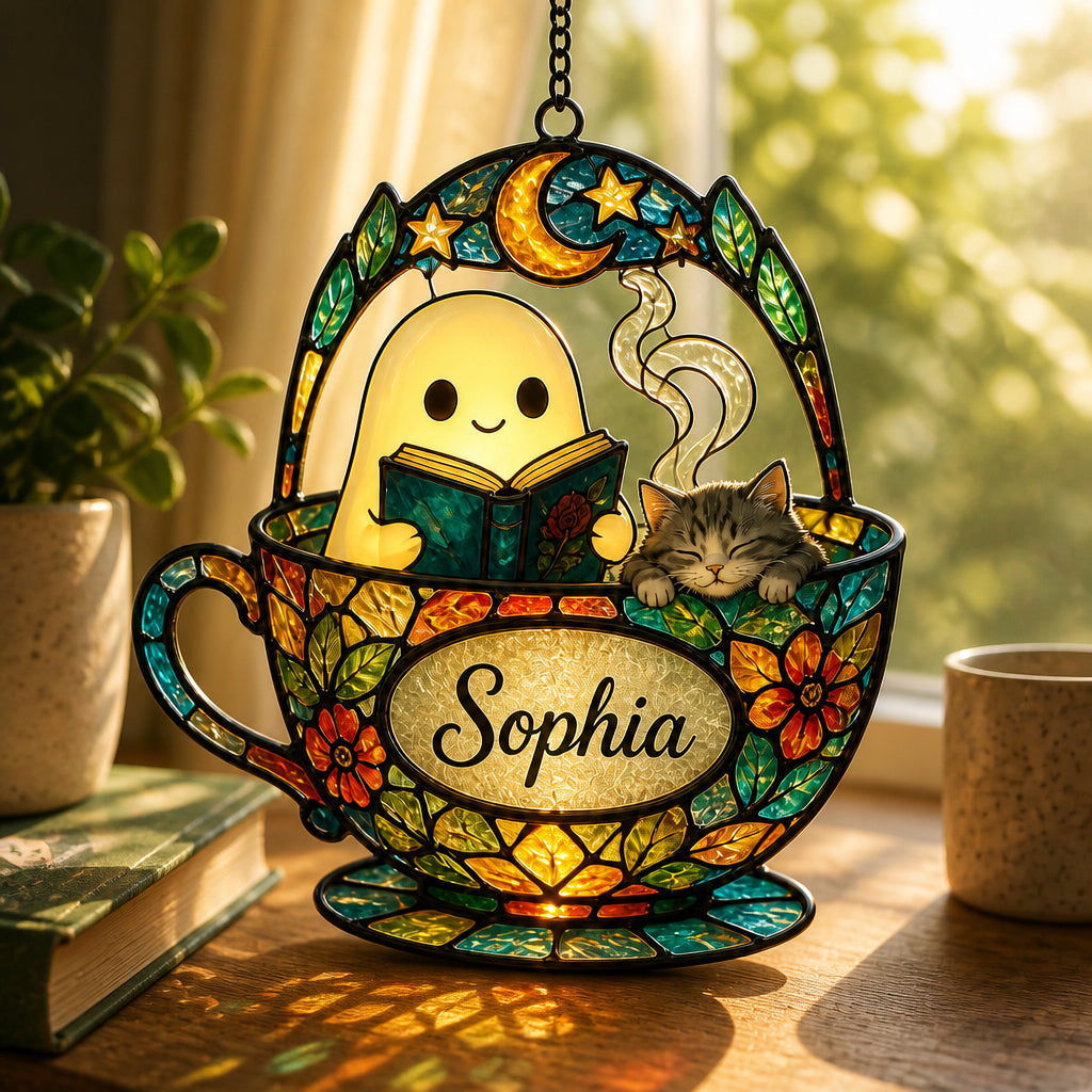 Stained Glass Teacup Suncatcher – Reading Ghost & Cat – Custom Name - Personalized Suncatcher Stained Glass 041303ef-429c-4bca-b619-74cd22d63ef0.jpg