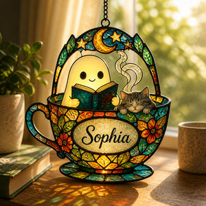 Stained Glass Teacup Suncatcher – Reading Ghost & Cat – Custom Name - Personalized Suncatcher Stained Glass 041303ef-429c-4bca-b619-74cd22d63ef0.jpg