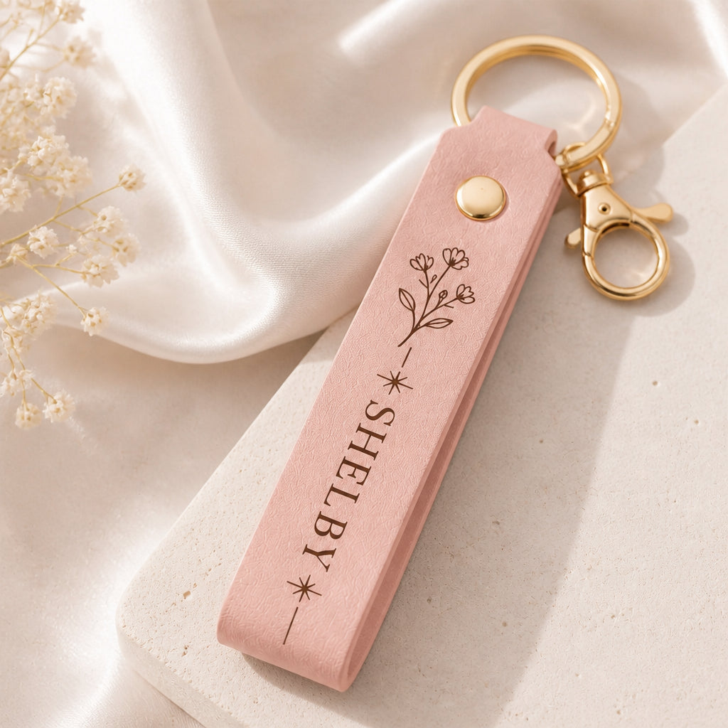 Personalized Engraved Leather Name Keychain – Floral Line Art - Personalized Leather Keychain 041a5044-25f4-430f-9d20-743da4945a90.jpg