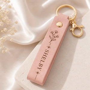 Personalized Engraved Leather Name Keychain – Floral Line Art - Personalized Leather Keychain 041a5044-25f4-430f-9d20-743da4945a90.jpg