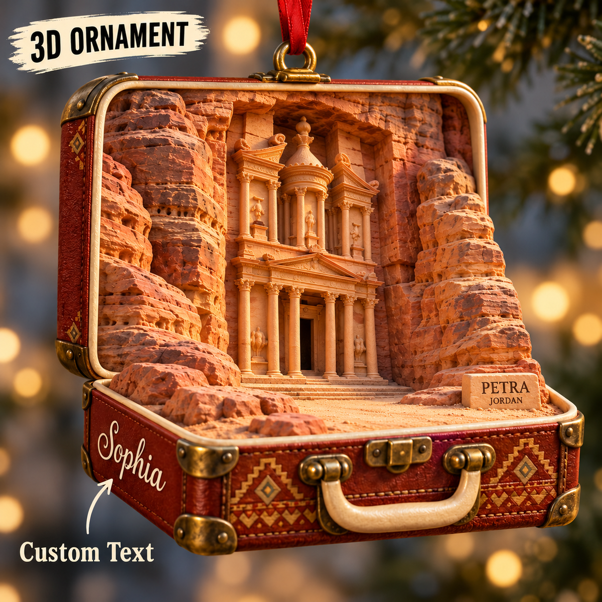 Personalized Petra Jordan 3D Suitcase Christmas Ornament, Custom Name Travel Keepsake, Petra Treasury Vacation Souvenir Gift 042dcaf9-d9d6-416f-8b03-67436e718d59-Petra-suitcase-ornament-in-unified-perspective.png