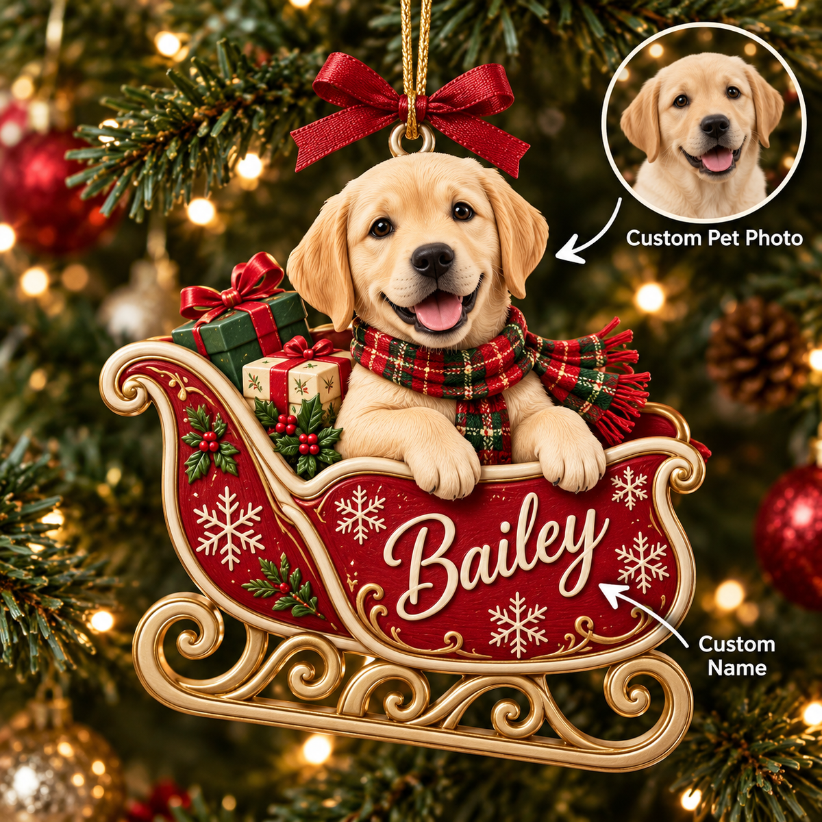 Personalized Dog Christmas Ornament – Custom Pet Photo & Name, 3D Relief Santa Sleigh Ornament, Christmas Gift for Dog Lovers 04c9e6fb-4c25-4ee1-80e1-4eac71daae0d-Bailey-the-Labrador-Sleigh-Ornament.png