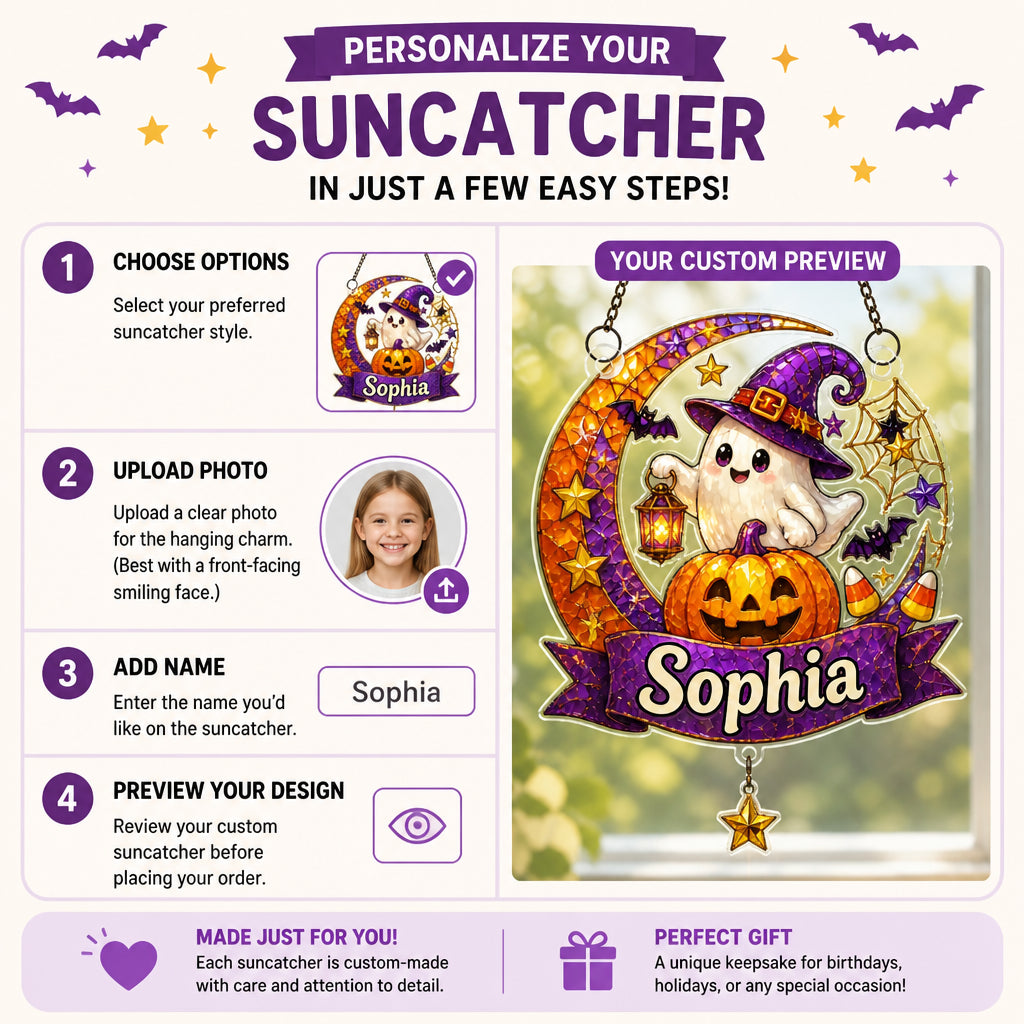 Personalized Witchy Ghost Pumpkin Suncatcher - Personalized 1 Layered Suncatcher with Charm 053b45db-be3b-44a4-bef6-91e16f990538.jpg