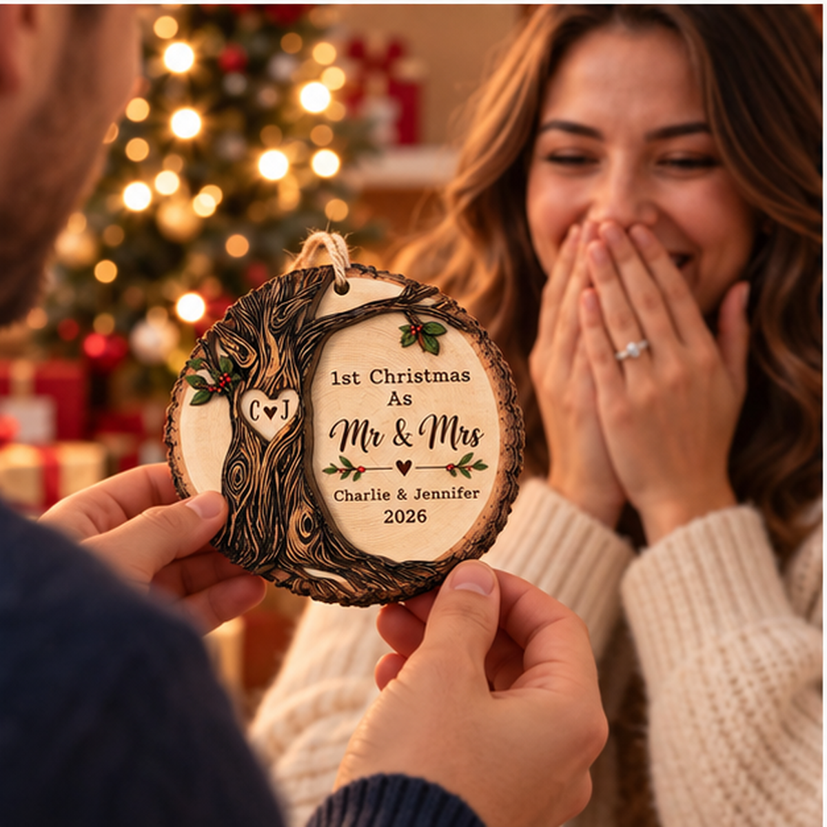 Personalized 1st Christmas as Mr & Mrs Ornament 2026 – Custom Couple Names & Initials Wooden Newlywed Christmas Gift 05592897-01af-4de4-9a74-0bac00c3afe1-mr_mrs_happy_recipient_mockup.png
