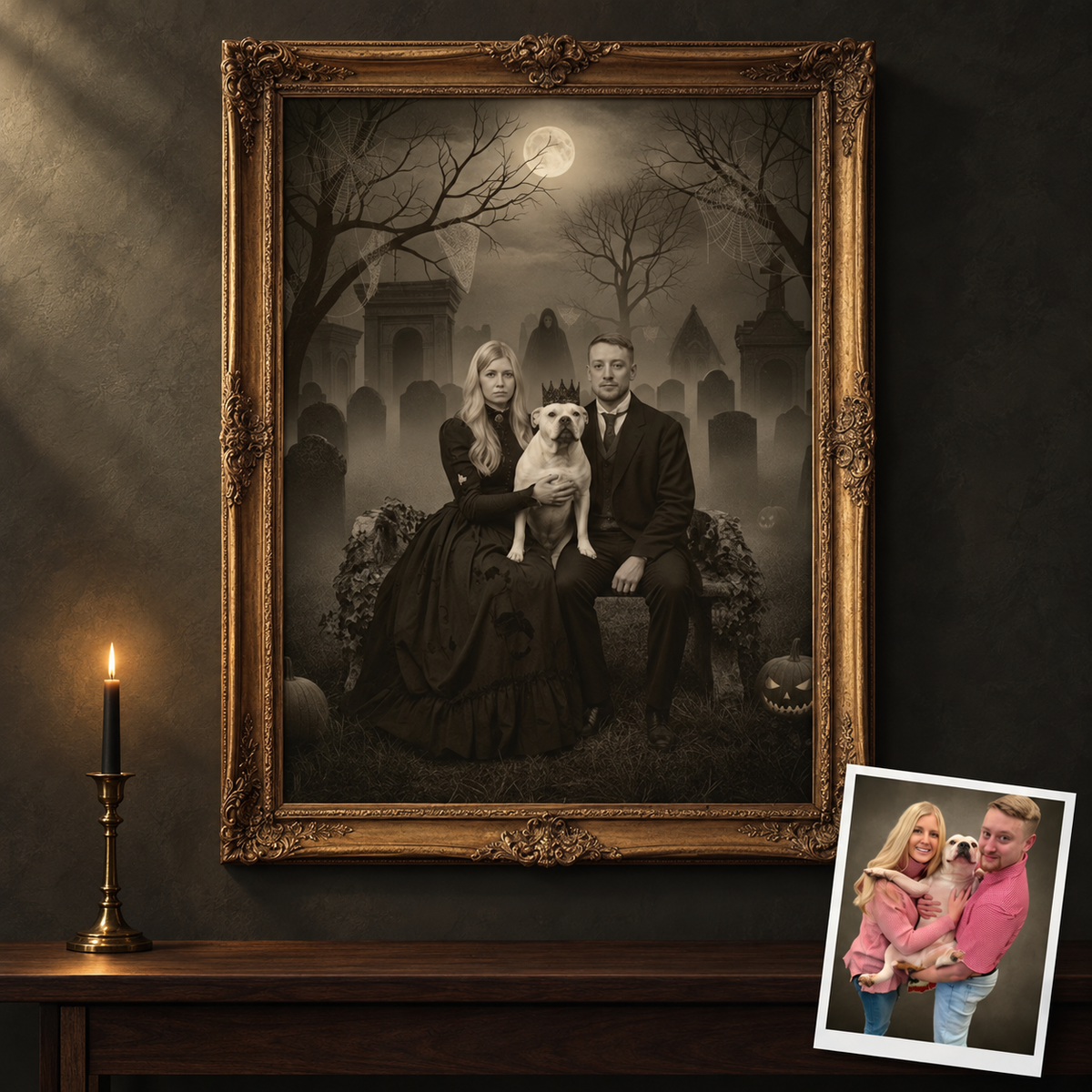 Personalized Halloween Family Portrait Canvas – Custom Gothic Couple & Pet Wall Art from Photo 057e052b-c84c-45fe-91b7-7a3a42c89304-Ch-n-dung-gothic-trong-khung-v-ng-c-.png