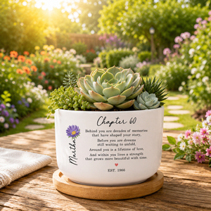60th Birthday Gift For Women, Personalized Birth Flower Plant Pot, Custom Name Chapter 60 Planter