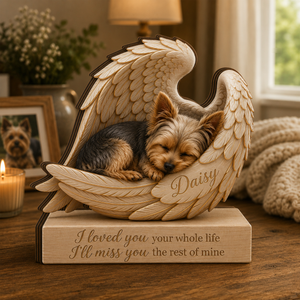 Personalized Wood Yorkie Memorial Block: Custom Angel Wing Dog Portrait Stand, Pet Sympathy Gift