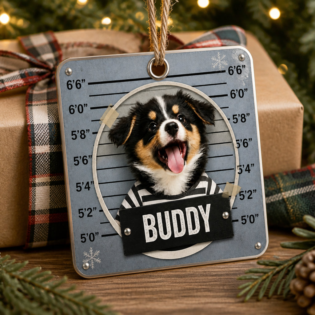 Custom Pet Mugshot Aluminum Ornament (Photo + Name) - Personalized Aluminum Ornament 05e2510f-1840-4687-bec8-e7542687b45d.jpg