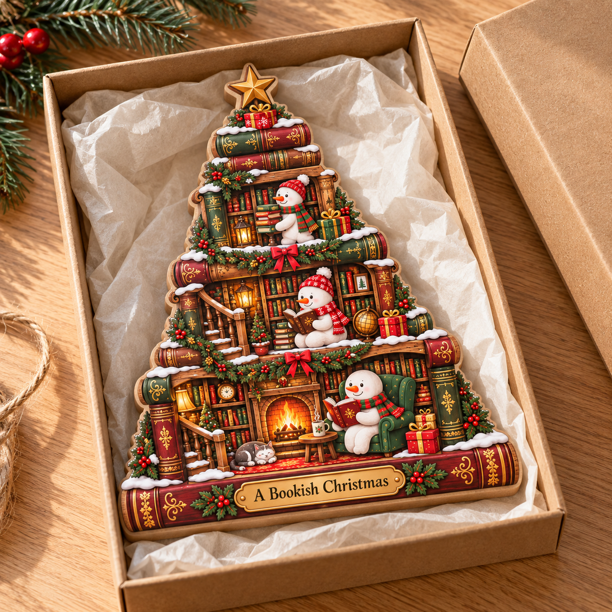 Snowman Book Tree Wooden Block, Stacked Books Christmas Decor, Book Lover Shelf Sign, Reading Lover Gift, Bookish Christmas Gift 061664df-0676-47f8-b96a-8393ab10d8fb-Bookish-Christmas-tree-plaque-in-gift-box-3.png