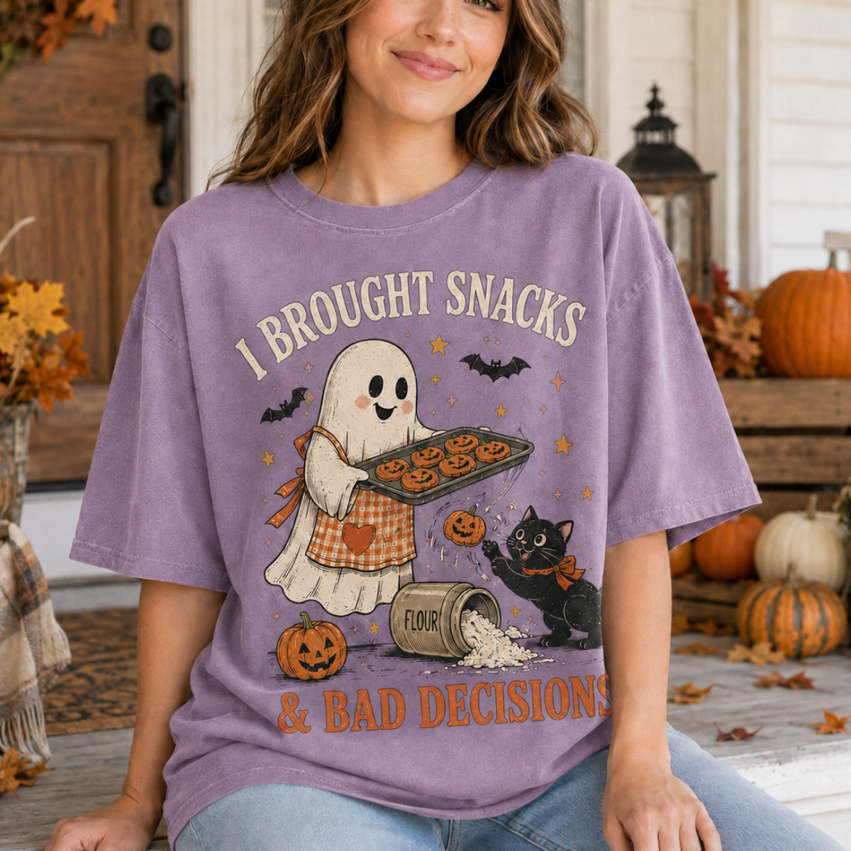 I Brought Snacks & Bad Decisions Shirt, Cute Ghost Baking Cookies T-Shirt, Funny Halloween Black Cat Graphic Tee, Vintage Spooky Season Oversized Top 0640f263-93b7-44ef-b990-f25a1c49581b-2.png