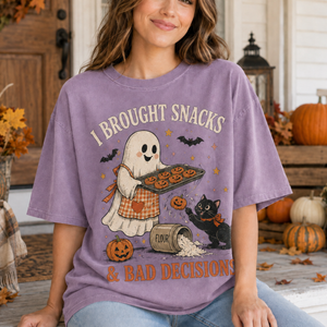 I Brought Snacks & Bad Decisions Shirt, Cute Ghost Baking Cookies T-Shirt, Funny Halloween Black Cat Graphic Tee, Vintage Spooky Season Oversized Top 0640f263-93b7-44ef-b990-f25a1c49581b-2.png