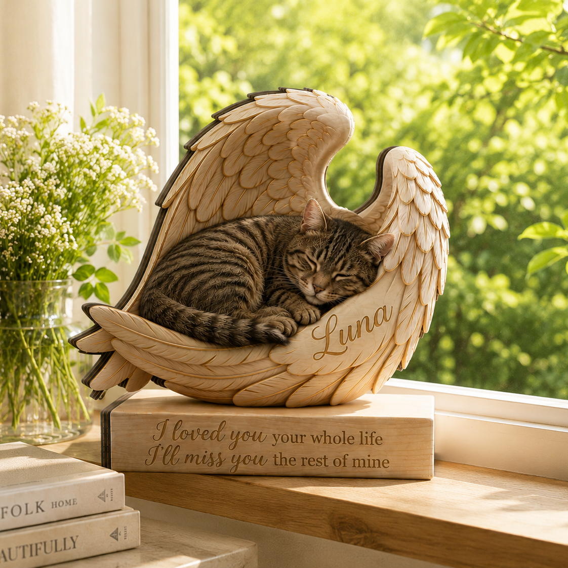 Personalized Wood Tabby Cat Memorial Block: Custom Angel Wing Cat Portrait Stand, Pet Sympathy Gift