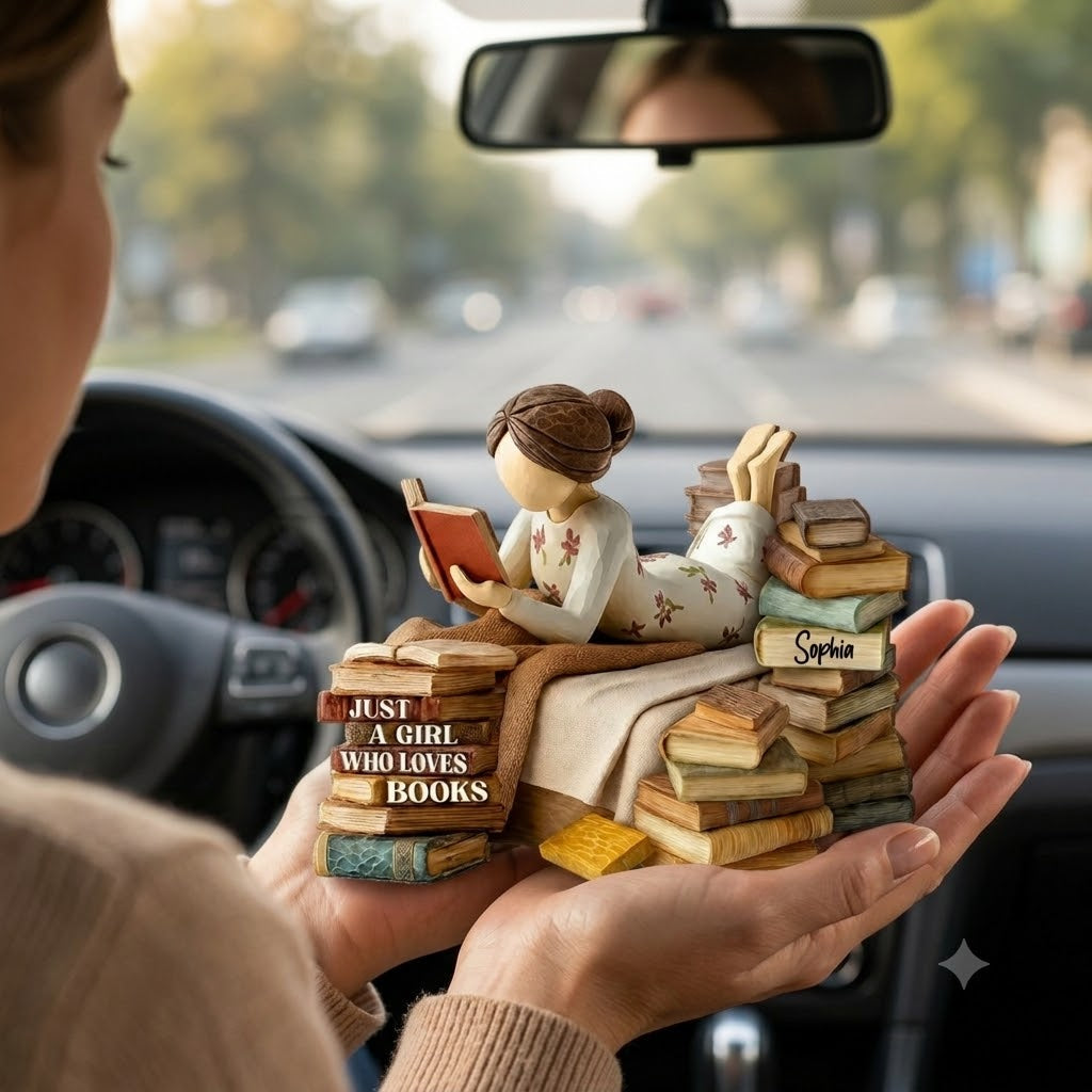 Custom Girl Reading Books Figurine – Personalized Wooden Block For Reading Lovers