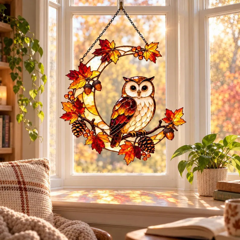 Fall Owl Moon Suncatcher, Maple Leaves Woodland Owl Window Hanging, Thanksgiving GIft For Nature Lovers, Fall Home Decor 06d3dd62-a189-450c-a014-e3ca61650557-ggggggg-2-.webp