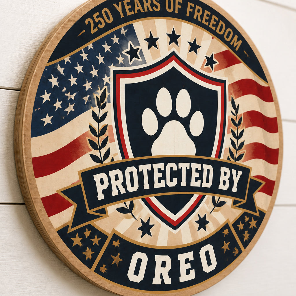 Protected By [Pet Name] Patriotic Round Wood Sign - Personalized Wood Sign 073786e8-f29d-40ba-9bf3-eac65b5eef38.jpg
