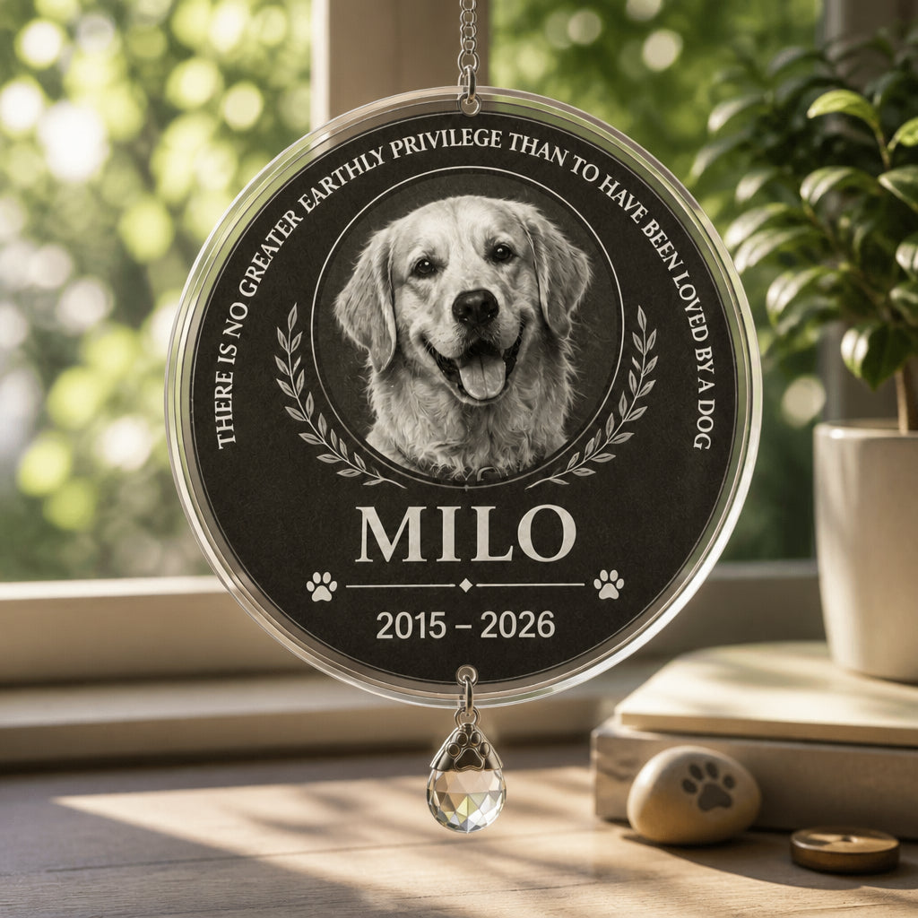 Pet Memorial Slate – Loved By A Dog (Photo + Name + Years) - Personalized 1 Layered Suncatcher with Charm 077621b4-45e4-49d9-a8b8-26db578aa9ec.jpg